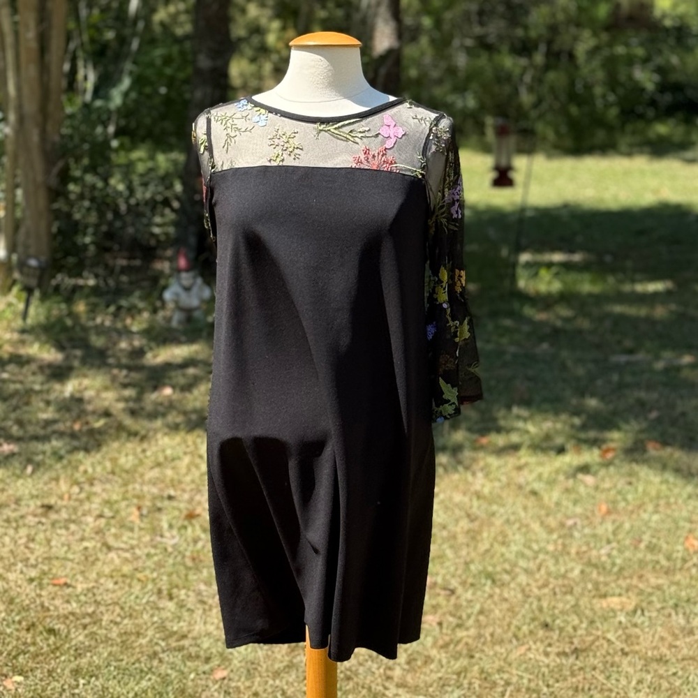 ABG Black Floral Embroidered Mesh Midi Sheath Dress Size 6